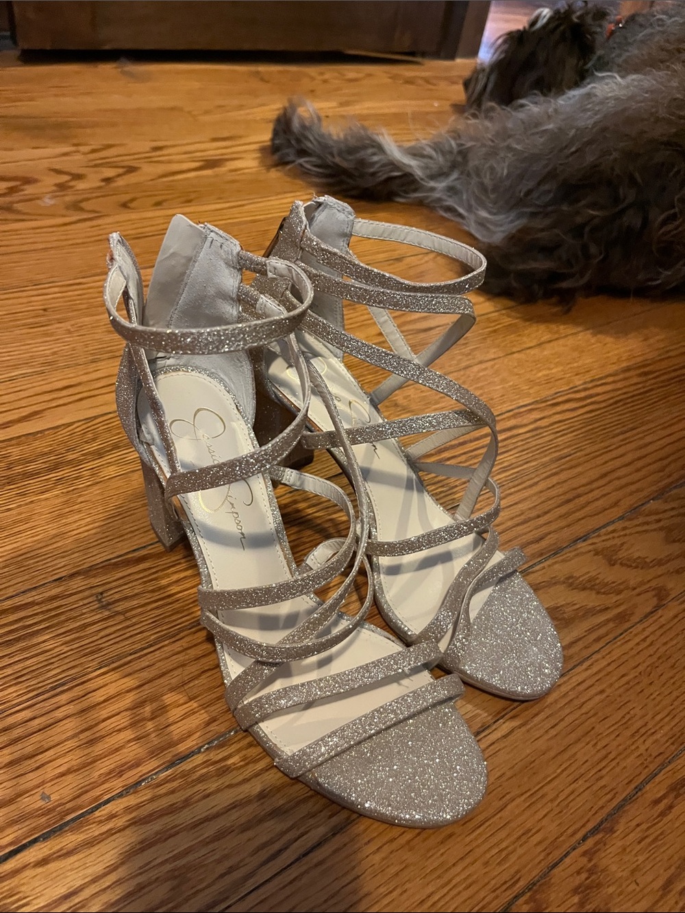 Jessica Simpson Glitter Strappy Block 3 inch Heel Sandals - Champagne